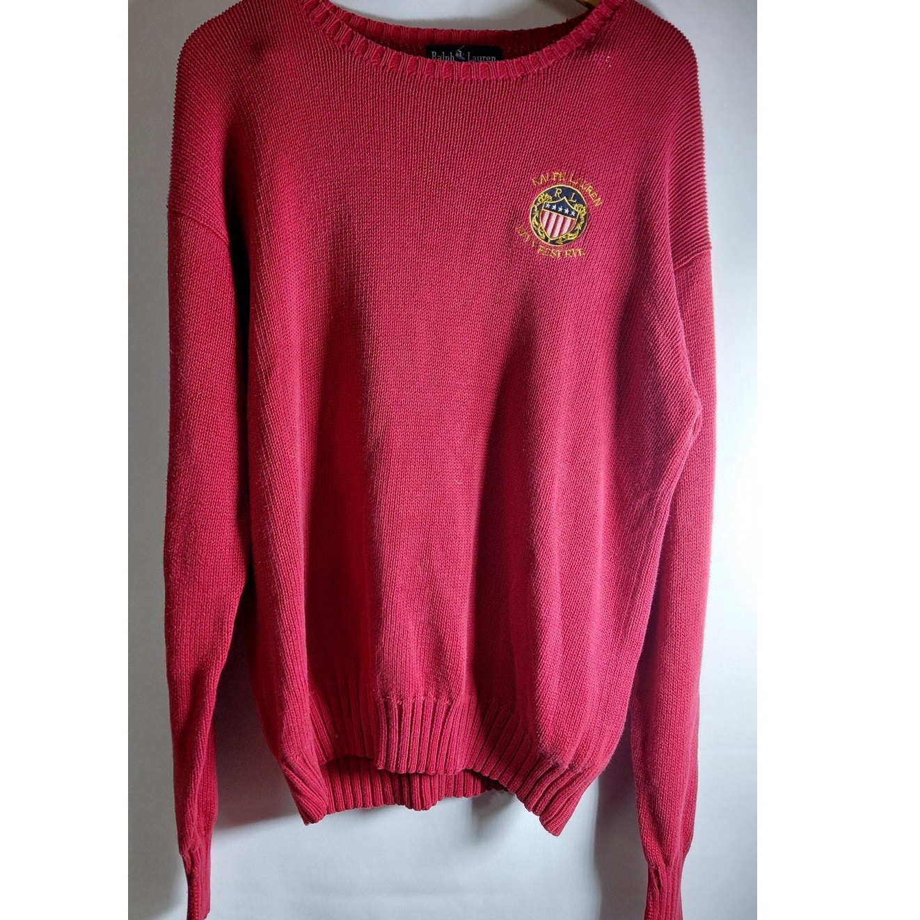 Ralph Lauren Cotton Sweater Red Solid Knit Women Size L